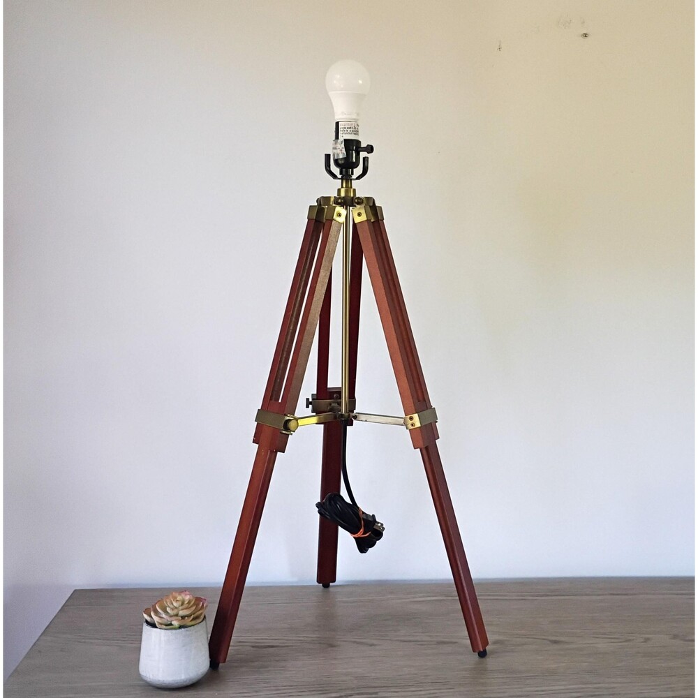 Vintage Wood Brass Tripod Lamp Adjustable Height Table Nautical Decor No Shade